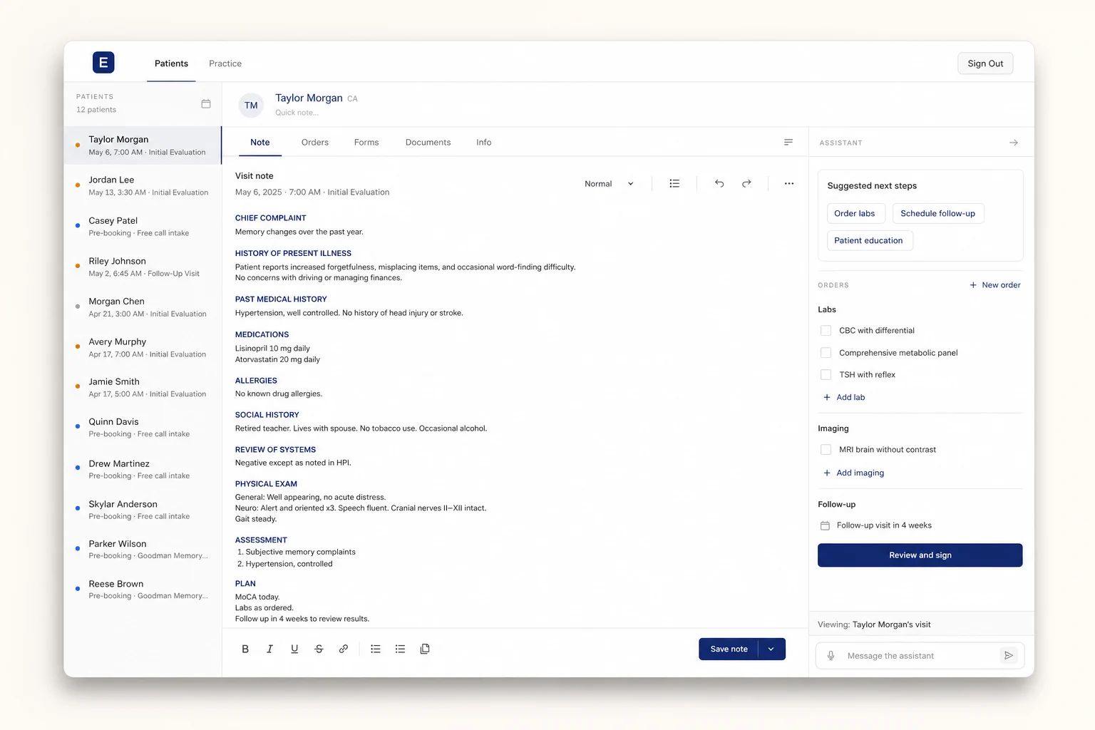 A focused Eureka patient workspace showing the chart and active practice tasks